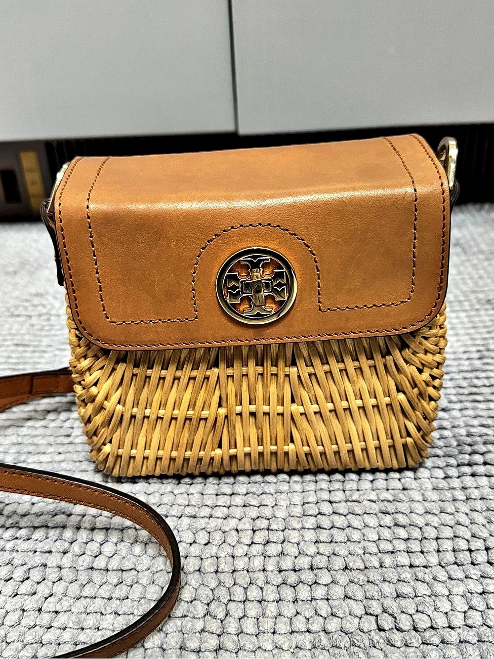 Tory Burch Woven Mini Crossbody Bag in Brown & Tan